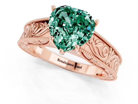 Rose gold Heart Cut Green Sapphire Solitaire Ring with Engraved Band and Four-Prong Setting_1
