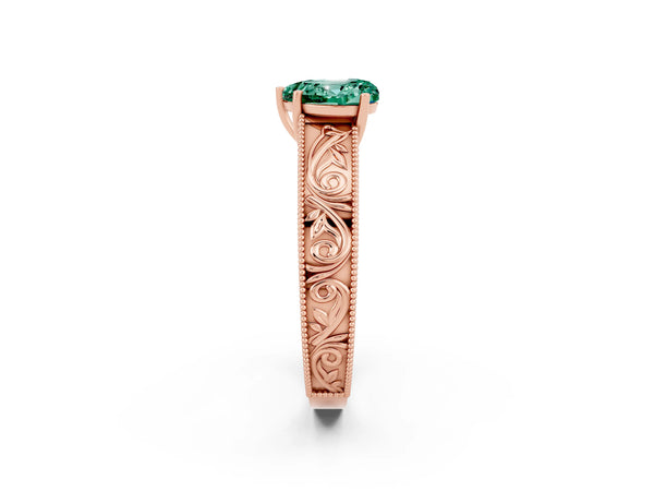 Rose gold Heart Cut Green Sapphire Solitaire Ring with Engraved Band and Four-Prong Setting