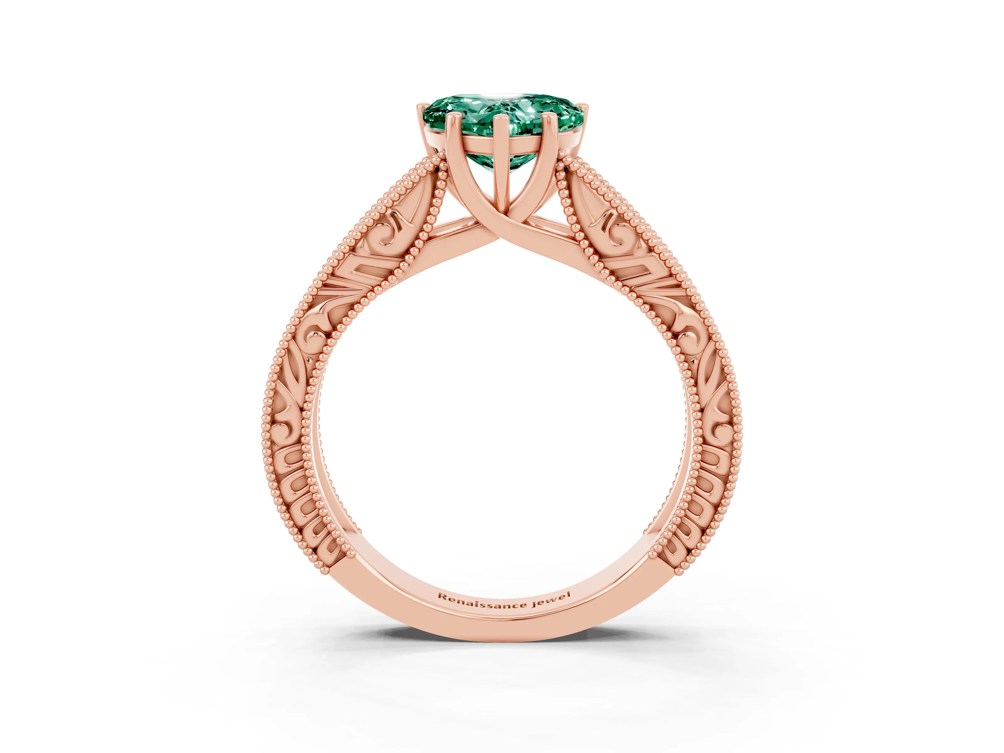Rose gold Heart Cut Green Sapphire Solitaire Ring with Engraved Band and Four-Prong Setting_3