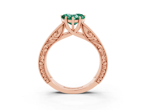 Rose gold Heart Cut Green Sapphire Solitaire Ring with Engraved Band and Four-Prong Setting_3