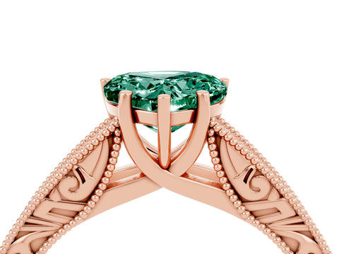 Rose gold Heart Cut Green Sapphire Solitaire Ring with Engraved Band and Four-Prong Setting_4