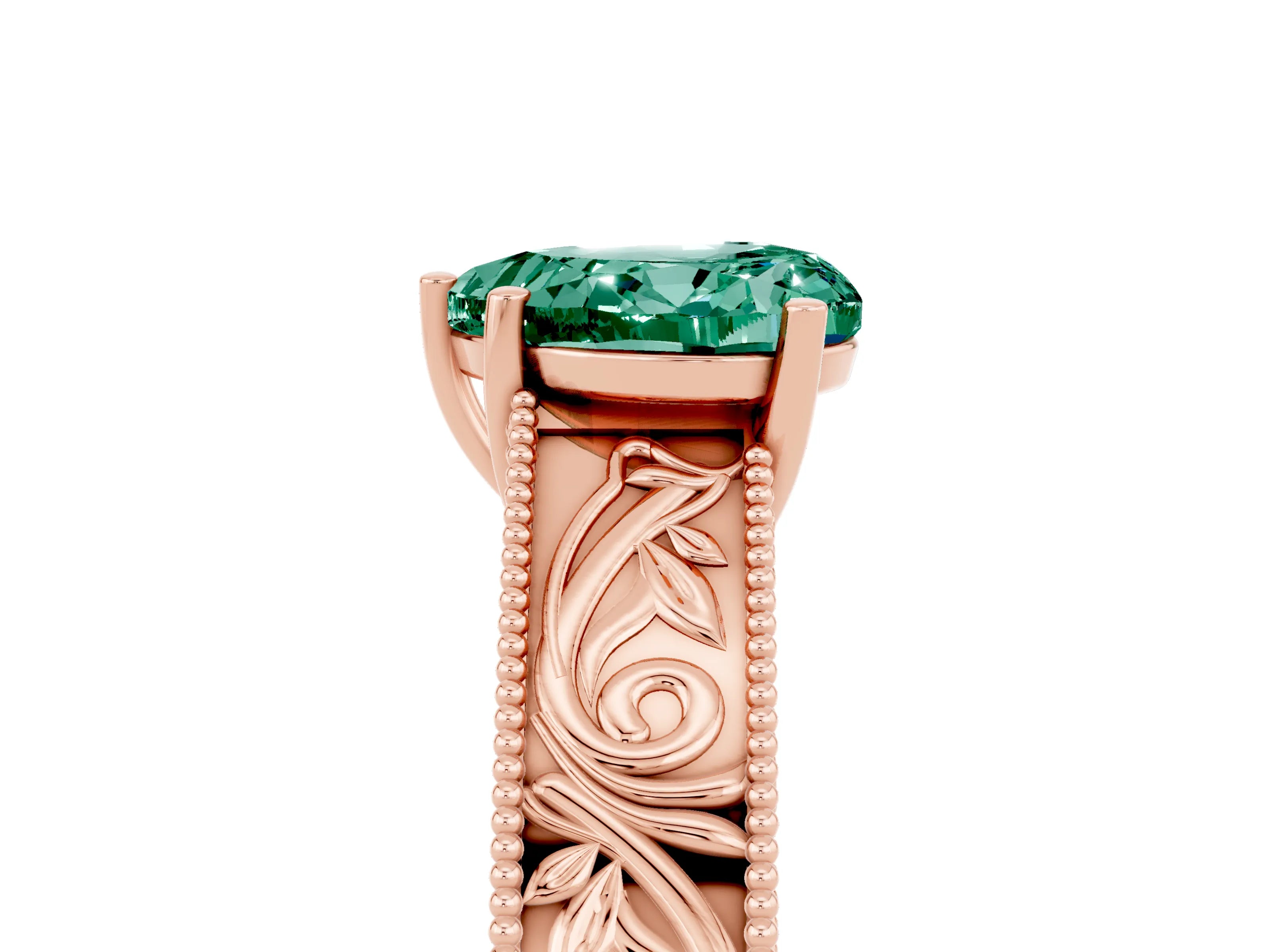 Rose gold Heart Cut Green Sapphire Solitaire Ring with Engraved Band and Four-Prong Setting_5