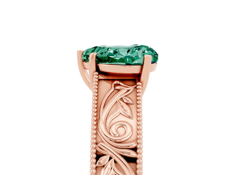 Rose gold Heart Cut Green Sapphire Solitaire Ring with Engraved Band and Four-Prong Setting_5