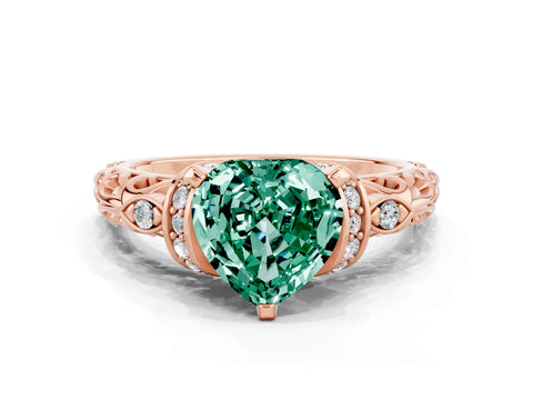 Rose gold Heart Cut Green Sapphire Solitaire Ring with Filigree Band and Four-Prong Setting_24