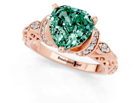 Rose gold Heart Cut Green Sapphire Solitaire Ring with Filigree Band and Four-Prong Setting_25