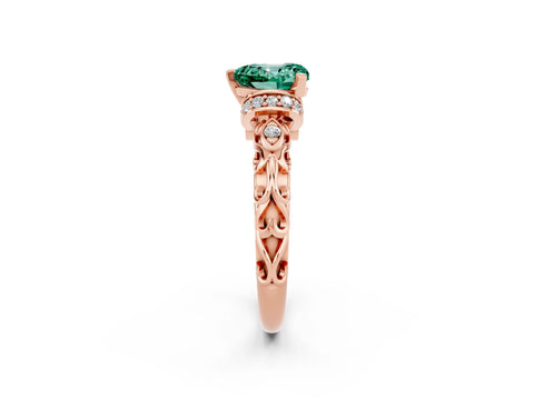 Rose gold Heart Cut Green Sapphire Solitaire Ring with Filigree Band and Four-Prong Setting_26