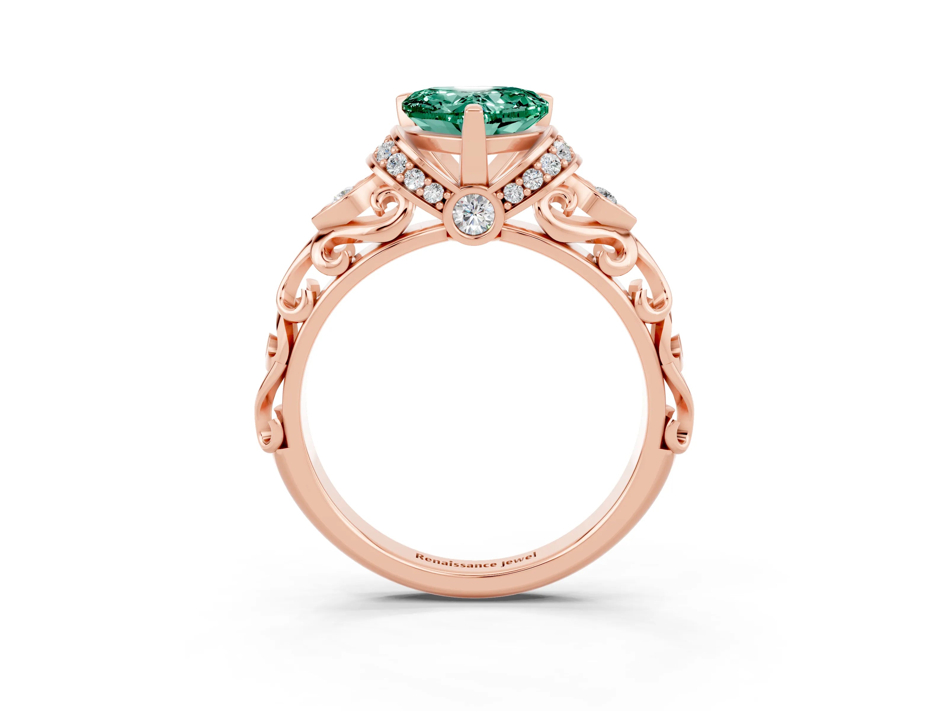 Rose gold Heart Cut Green Sapphire Solitaire Ring with Filigree Band and Four-Prong Setting_27