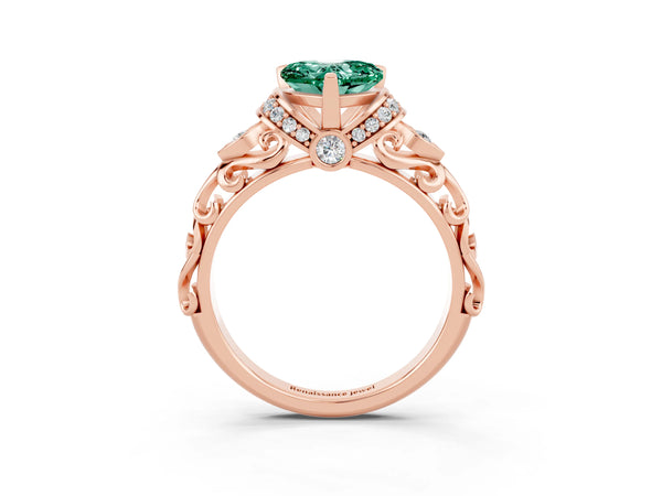 Rose gold Heart Cut Green Sapphire Solitaire Ring with Filigree Band and Four-Prong Setting