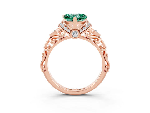 Rose gold Heart Cut Green Sapphire Solitaire Ring with Filigree Band and Four-Prong Setting_27