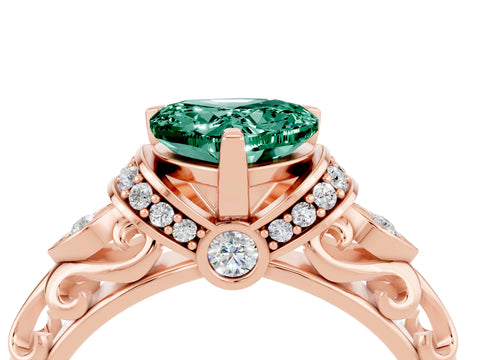 Rose gold Heart Cut Green Sapphire Solitaire Ring with Filigree Band and Four-Prong Setting_28