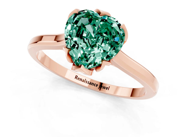 Rose gold Heart Cut Green Sapphire Solitaire Ring with Flower Prong Setting and Classic Band