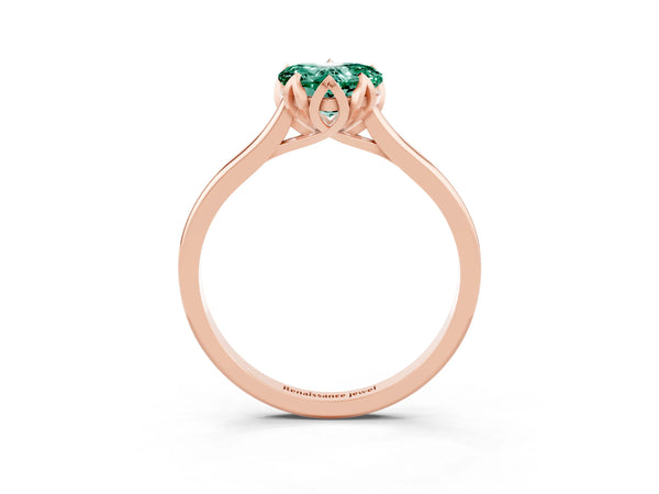 Rose gold Heart Cut Green Sapphire Solitaire Ring with Flower Prong Setting and Classic Band