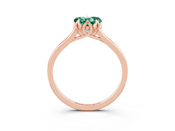 Rose gold Heart Cut Green Sapphire Solitaire Ring with Flower Prong Setting and Classic Band