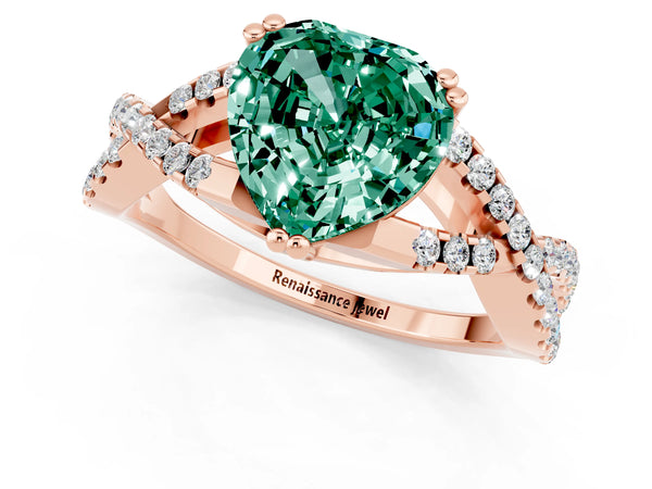 Rose gold Heart Cut Green Sapphire Solitaire Ring with Four-Prong Setting and Twisted Pavé Band