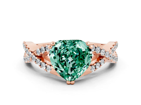 Rose gold Heart Cut Green Sapphire Solitaire Ring with Four-Prong Setting and Twisted Pavé Band