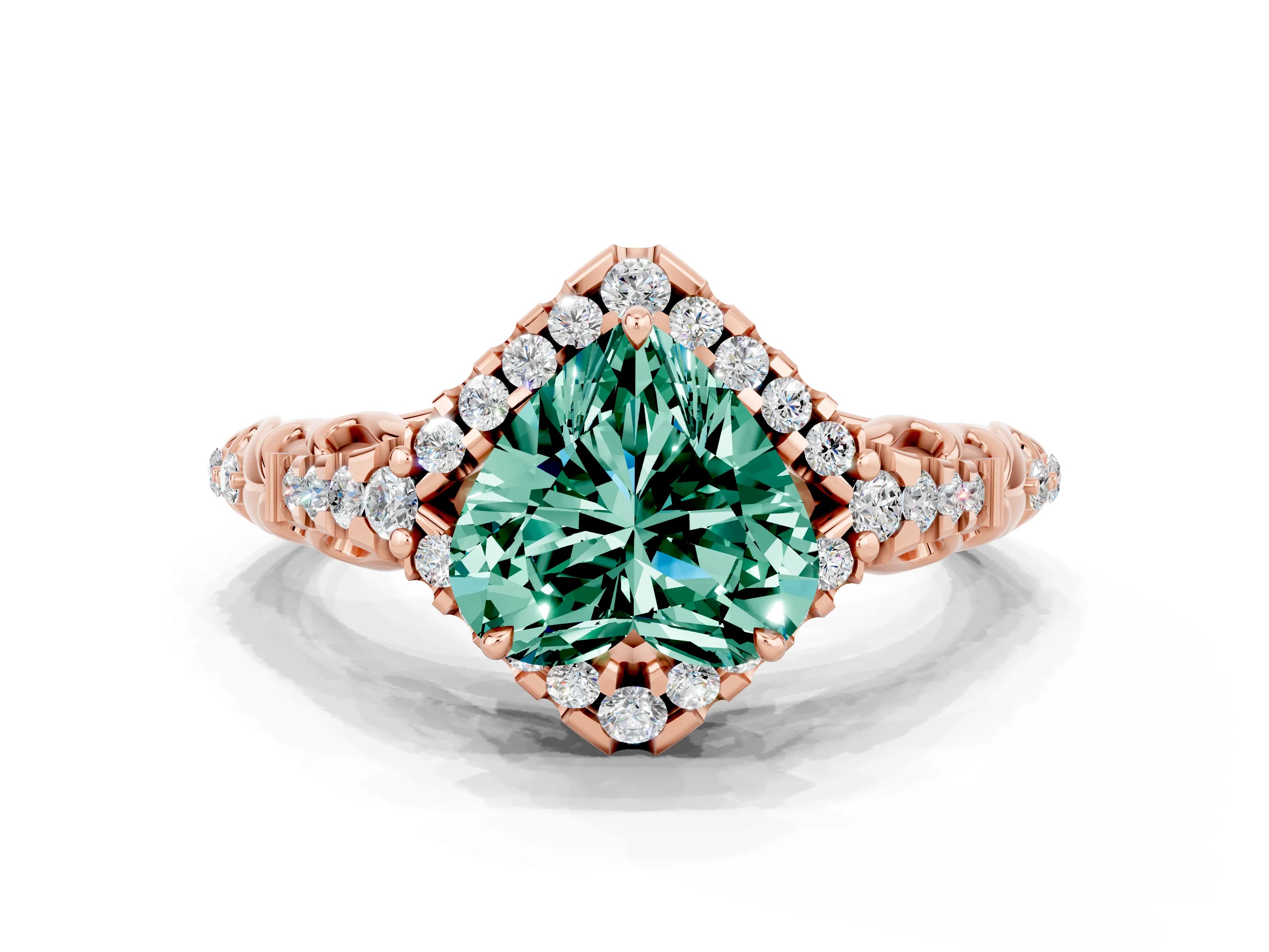 Rose gold Heart Cut Green Sapphire Solitaire Ring with Hidden Halo and Pavé Band_12
