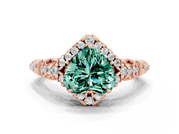 Rose gold Heart Cut Green Sapphire Solitaire Ring with Hidden Halo and Pavé Band
