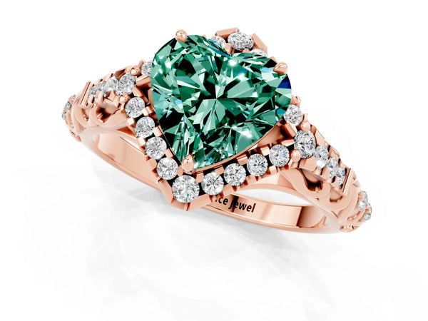 Rose gold Heart Cut Green Sapphire Solitaire Ring with Hidden Halo and Pavé Band