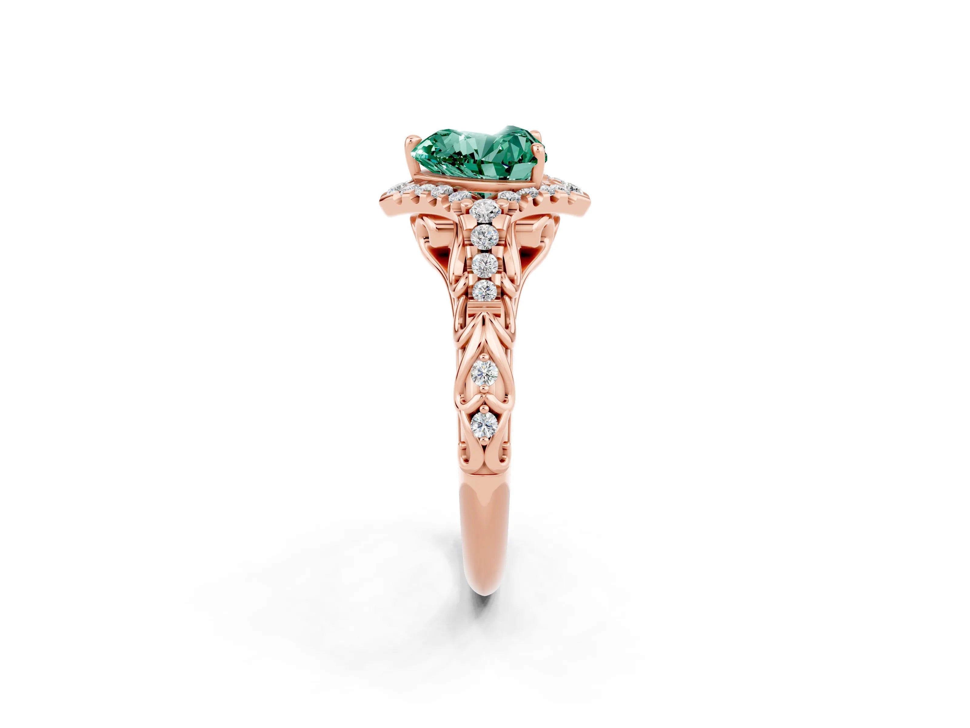 Rose gold Heart Cut Green Sapphire Solitaire Ring with Hidden Halo and Pavé Band_14