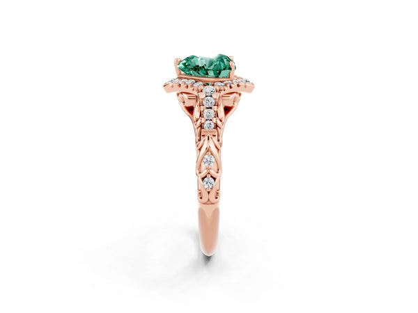 Rose gold Heart Cut Green Sapphire Solitaire Ring with Hidden Halo and Pavé Band