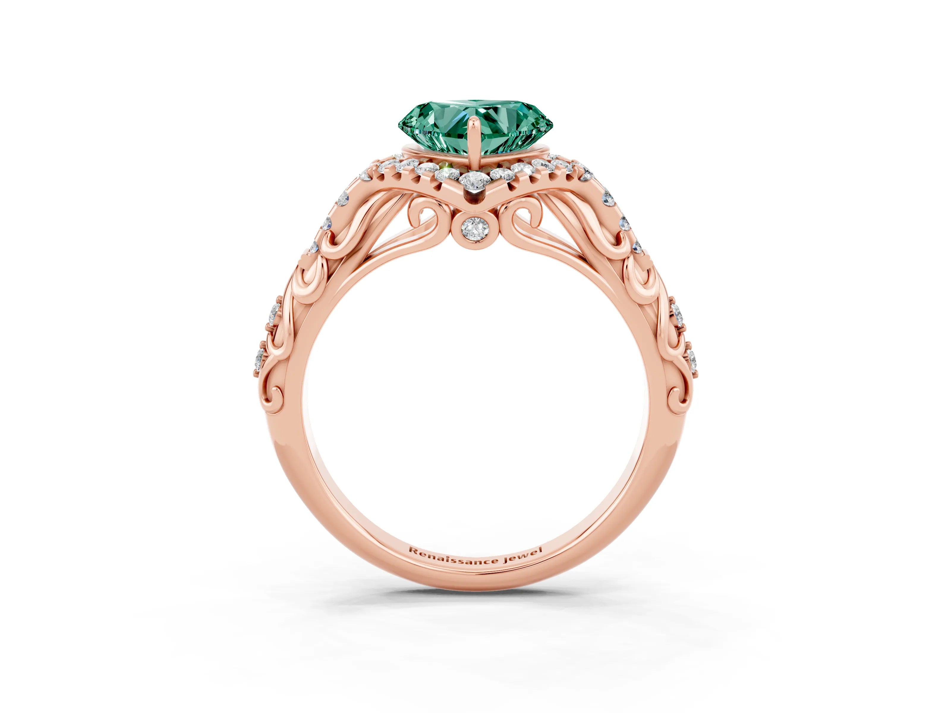 Rose gold Heart Cut Green Sapphire Solitaire Ring with Hidden Halo and Pavé Band_15