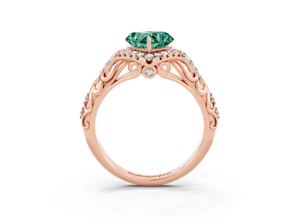 Rose gold Heart Cut Green Sapphire Solitaire Ring with Hidden Halo and Pavé Band