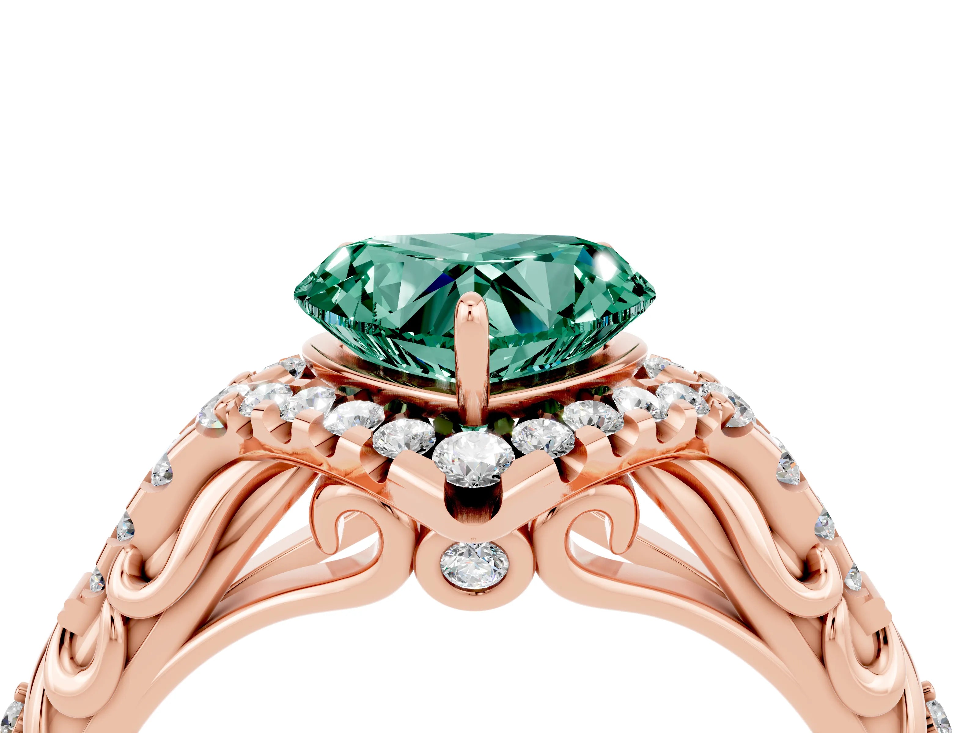 Rose gold Heart Cut Green Sapphire Solitaire Ring with Hidden Halo and Pavé Band_16