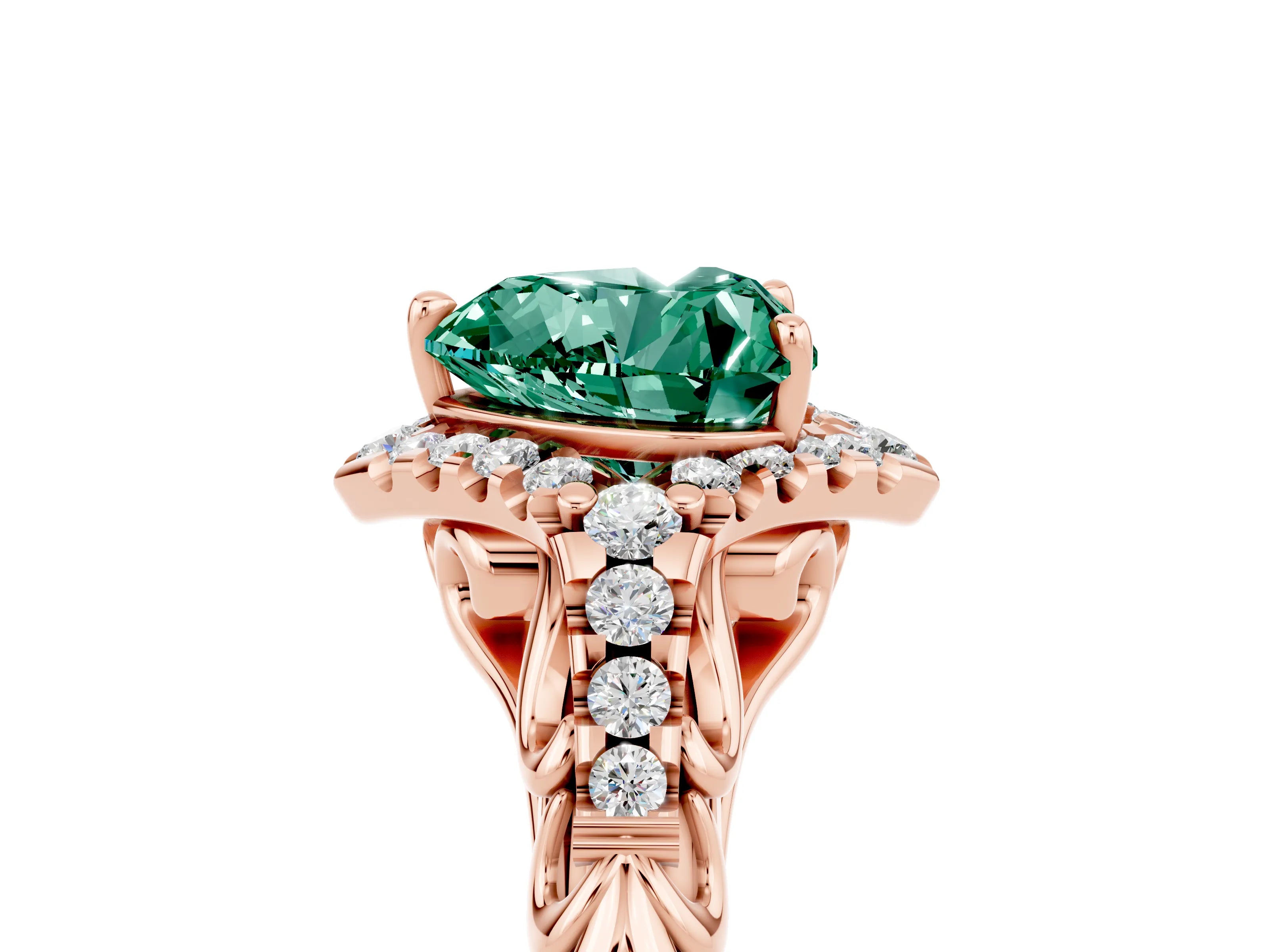 Rose gold Heart Cut Green Sapphire Solitaire Ring with Hidden Halo and Pavé Band_17