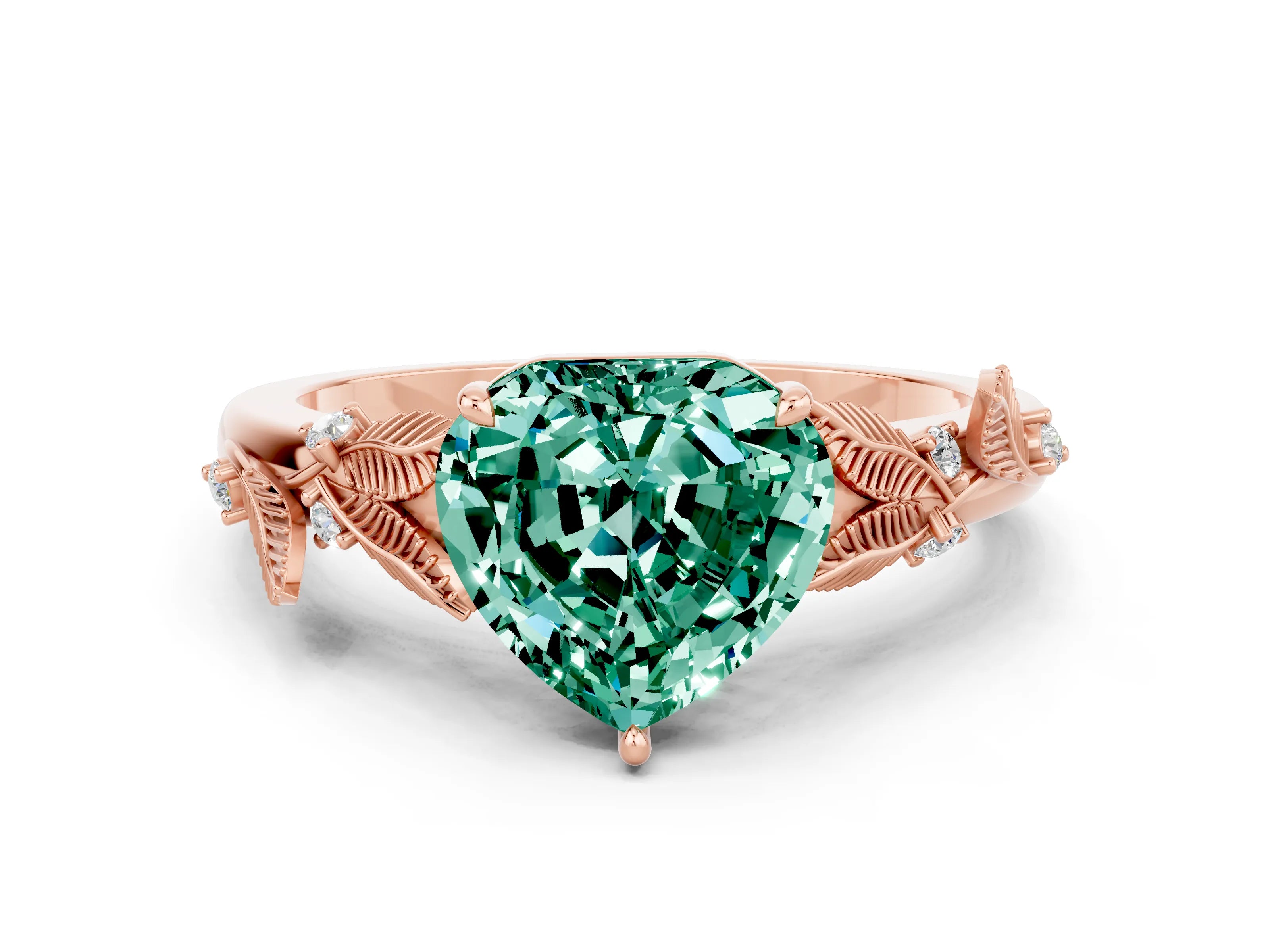 Rose gold Heart Cut Green Sapphire Solitaire Ring with Leaf Motif Band and Four-Prong Setting