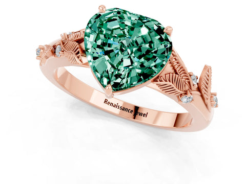 Rose gold Heart Cut Green Sapphire Solitaire Ring with Leaf Motif Band and Four-Prong Setting_1