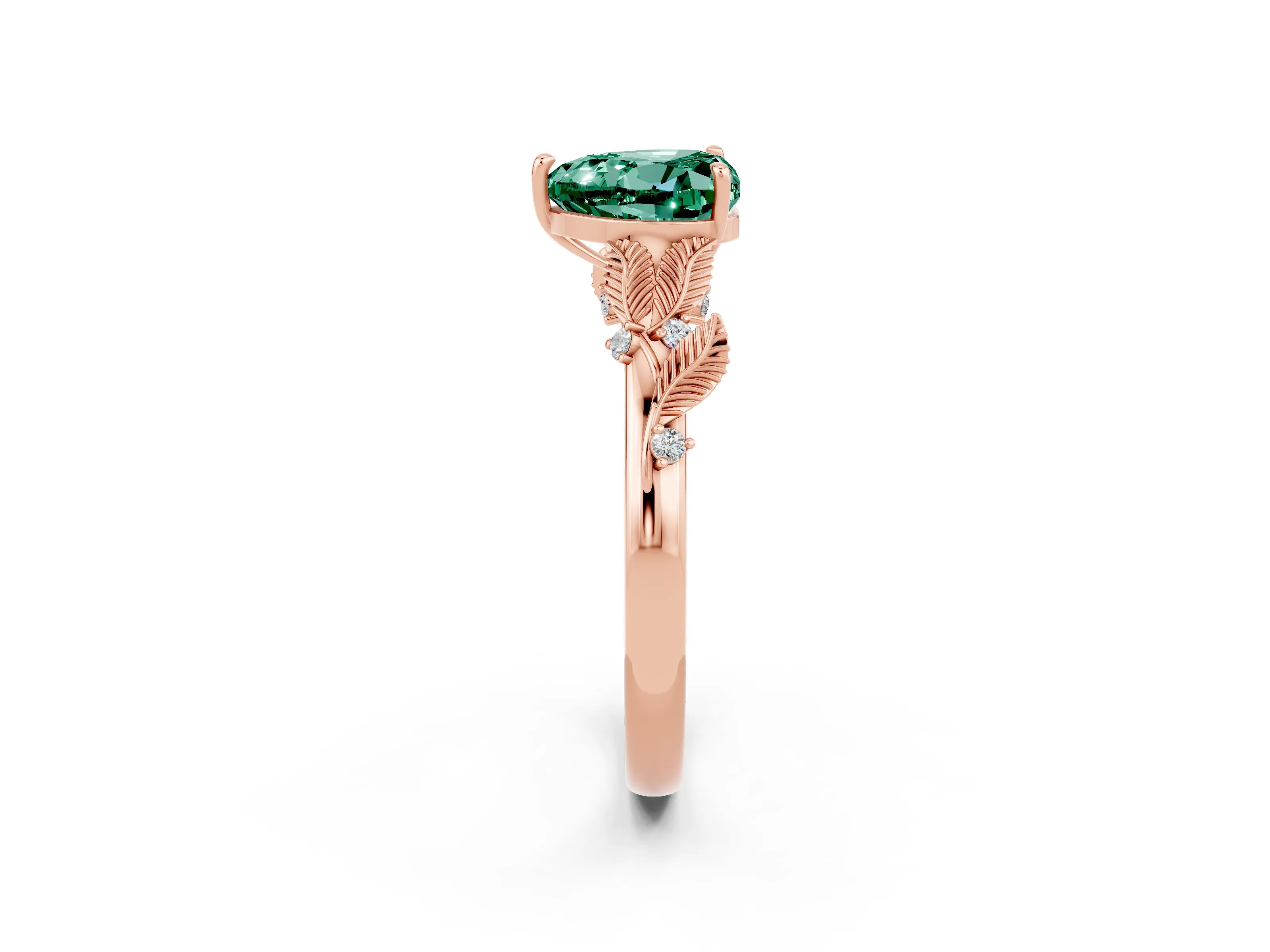 Rose gold Heart Cut Green Sapphire Solitaire Ring with Leaf Motif Band and Four-Prong Setting_2