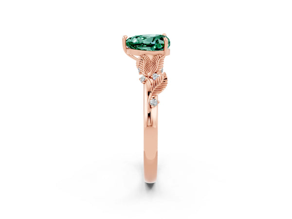 Rose gold Heart Cut Green Sapphire Solitaire Ring with Leaf Motif Band and Four-Prong Setting