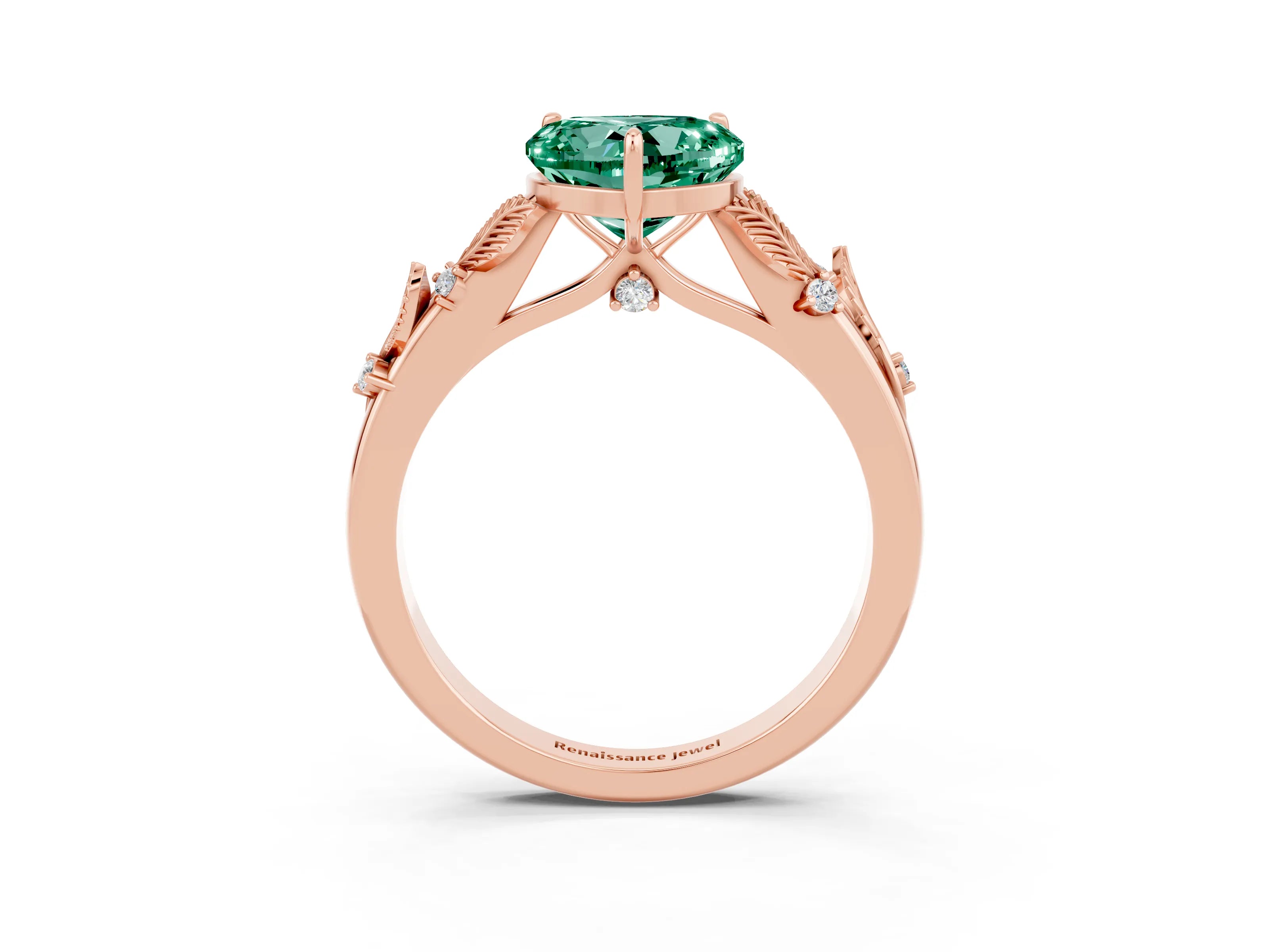 Rose gold Heart Cut Green Sapphire Solitaire Ring with Leaf Motif Band and Four-Prong Setting_3