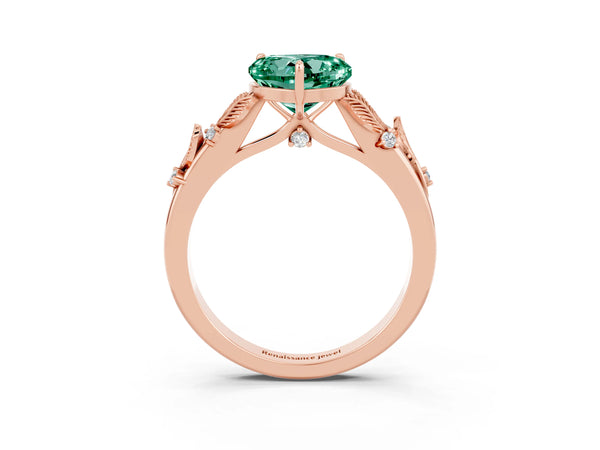 Rose gold Heart Cut Green Sapphire Solitaire Ring with Leaf Motif Band and Four-Prong Setting