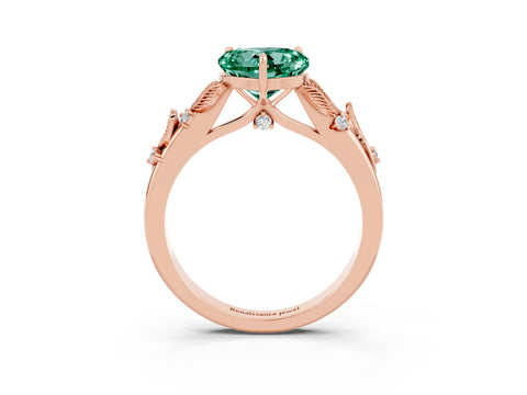 Rose gold Heart Cut Green Sapphire Solitaire Ring with Leaf Motif Band and Four-Prong Setting_3