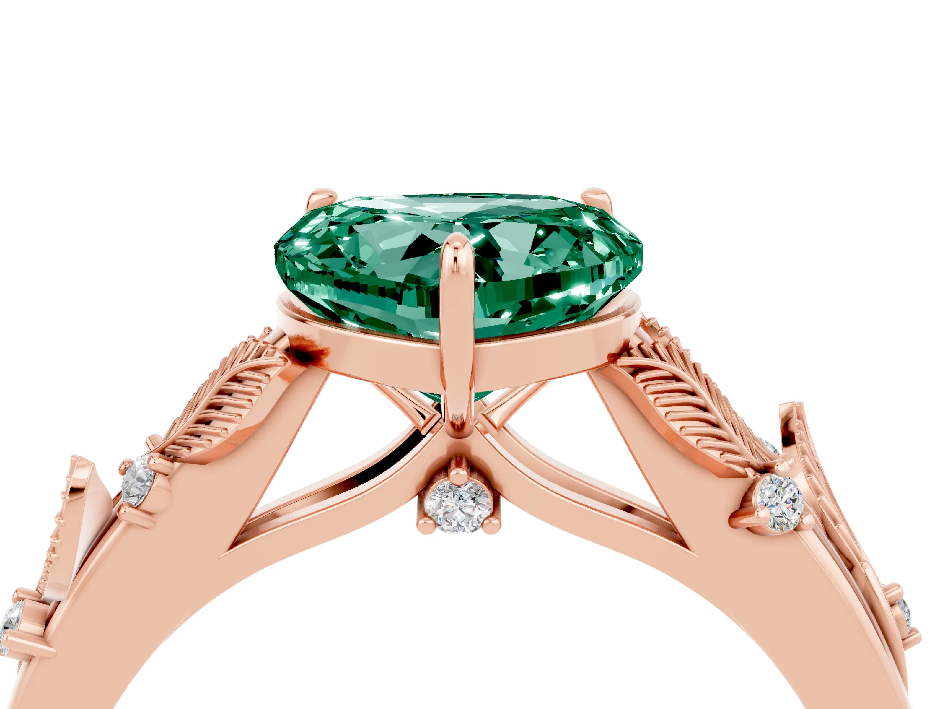 Rose gold Heart Cut Green Sapphire Solitaire Ring with Leaf Motif Band and Four-Prong Setting_4