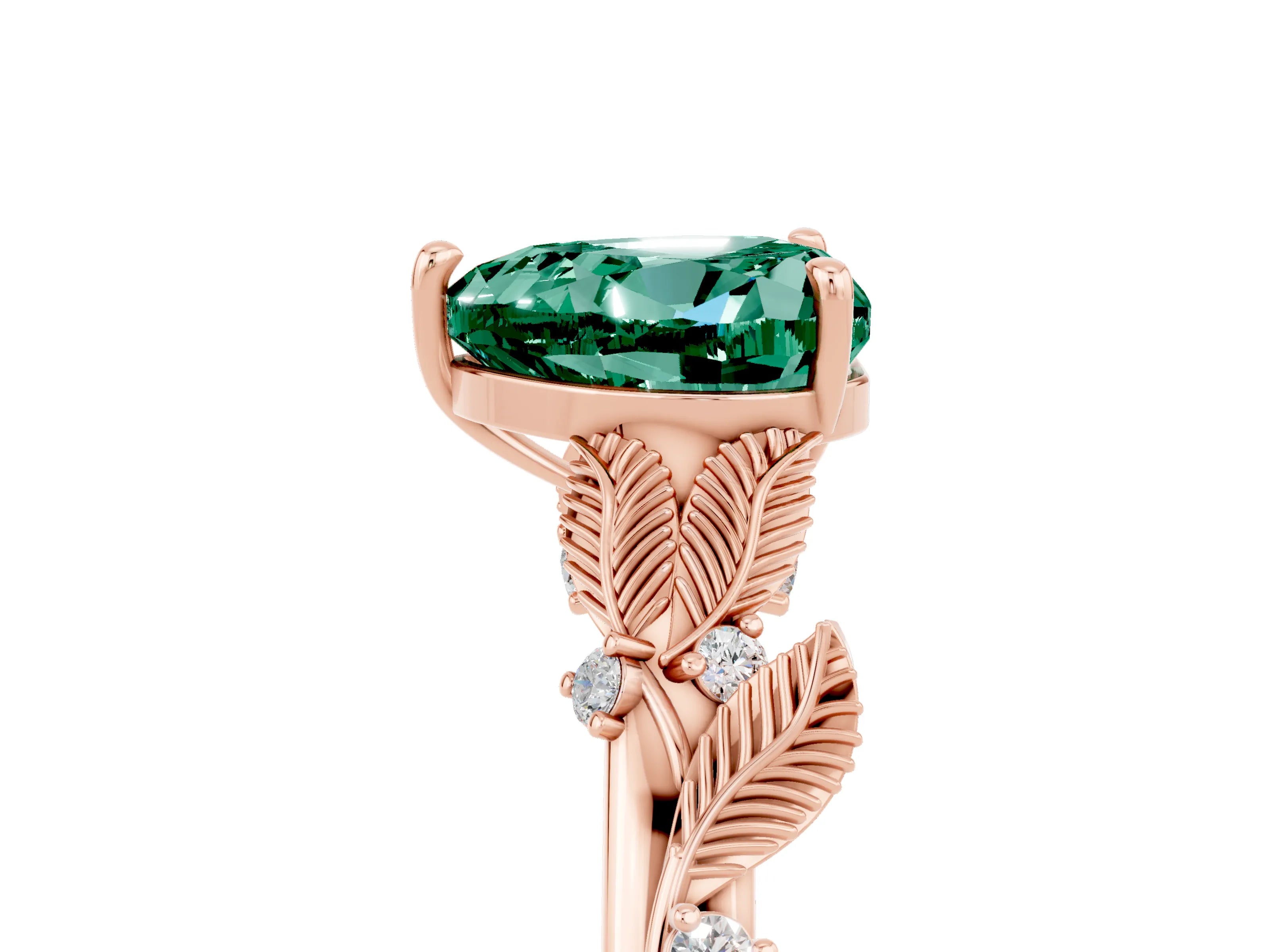 Rose gold Heart Cut Green Sapphire Solitaire Ring with Leaf Motif Band and Four-Prong Setting_5