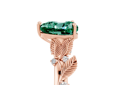 Rose gold Heart Cut Green Sapphire Solitaire Ring with Leaf Motif Band and Four-Prong Setting_5