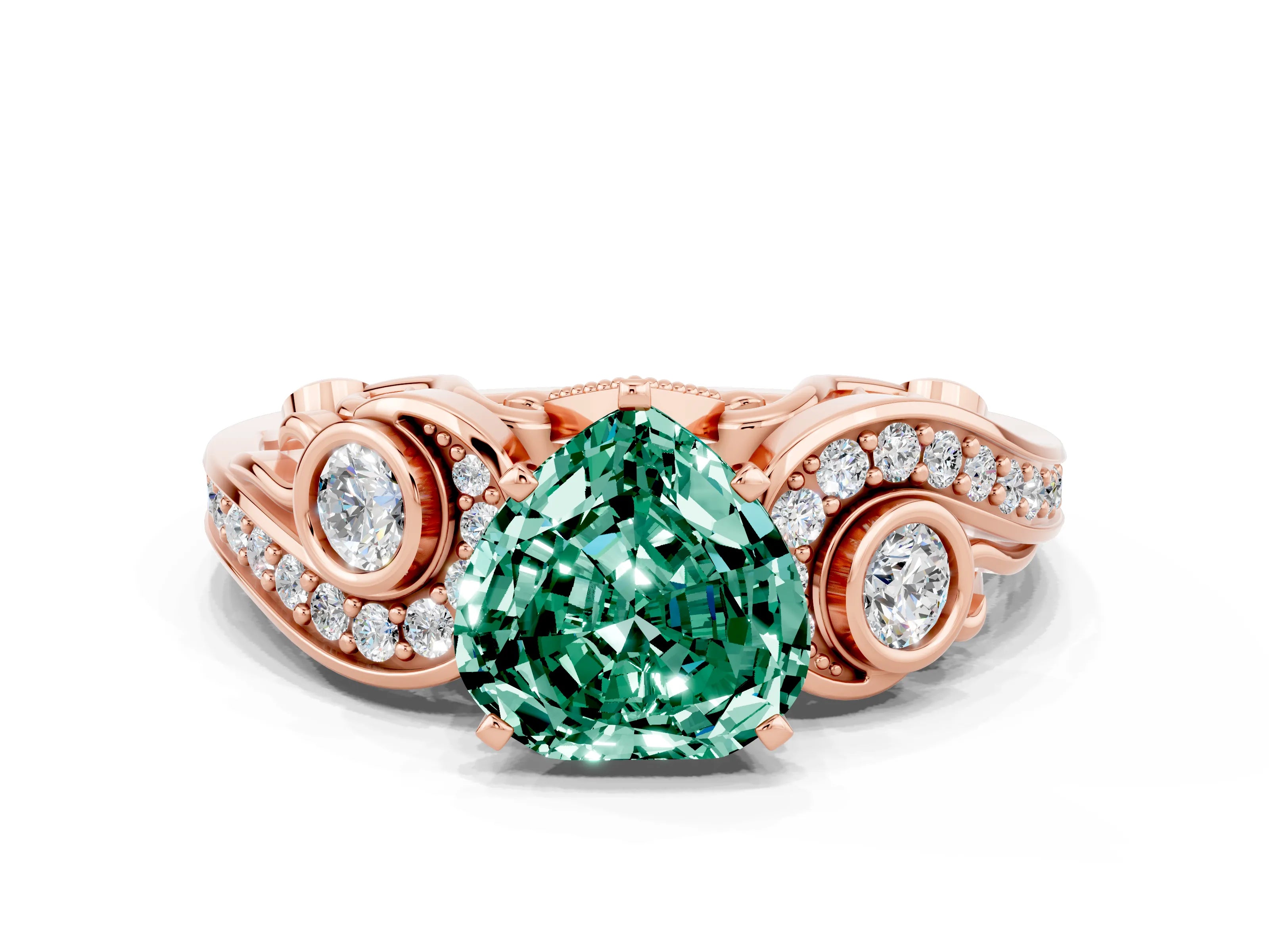 Rose gold Heart Cut Green Sapphire Solitaire Ring with Milgrain Pavé Band and Four-Prong Setting_24