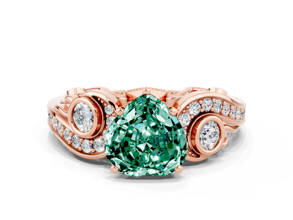 Rose gold Heart Cut Green Sapphire Solitaire Ring with Milgrain Pavé Band and Four-Prong Setting
