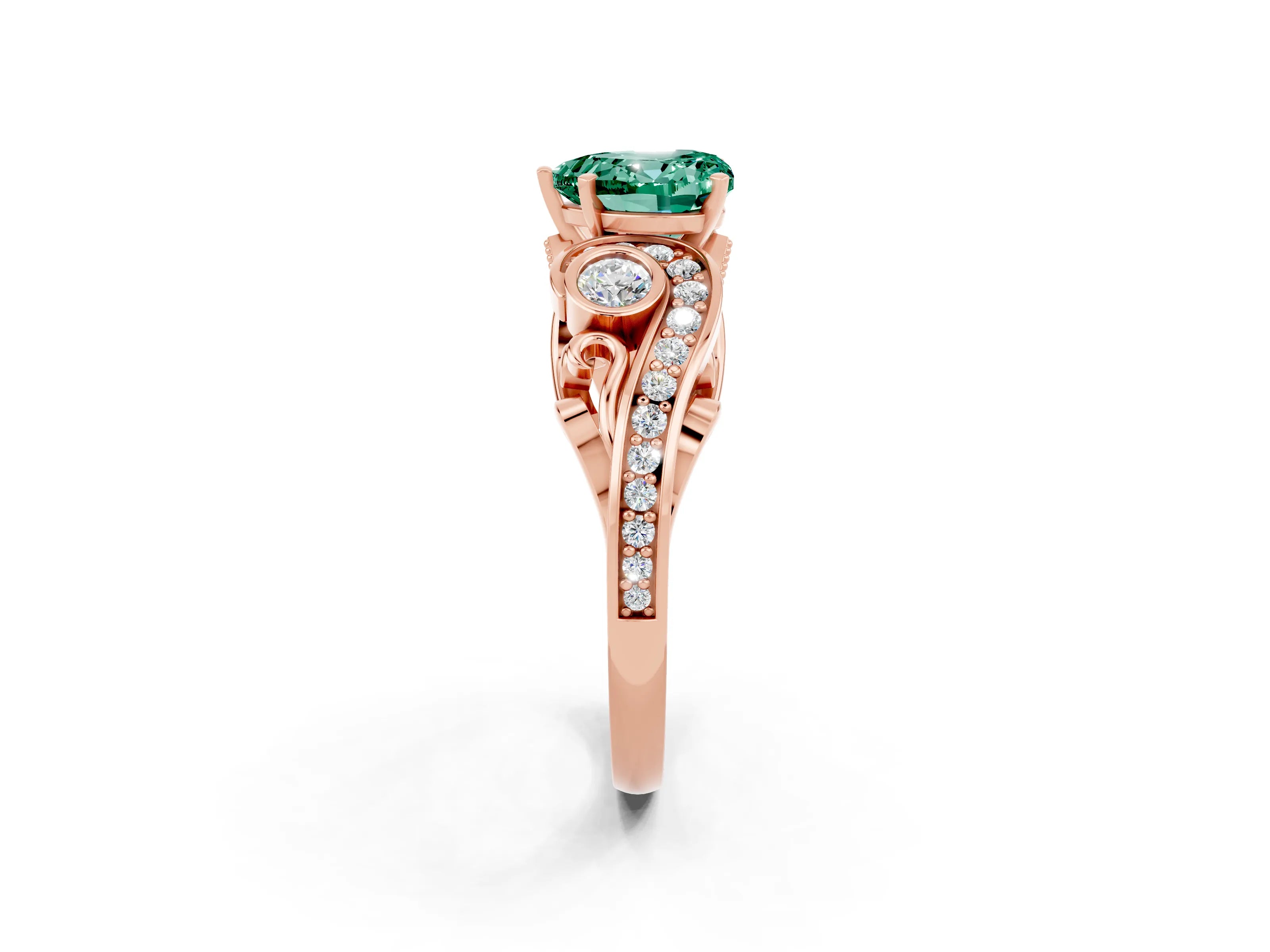 Rose gold Heart Cut Green Sapphire Solitaire Ring with Milgrain Pavé Band and Four-Prong Setting_26