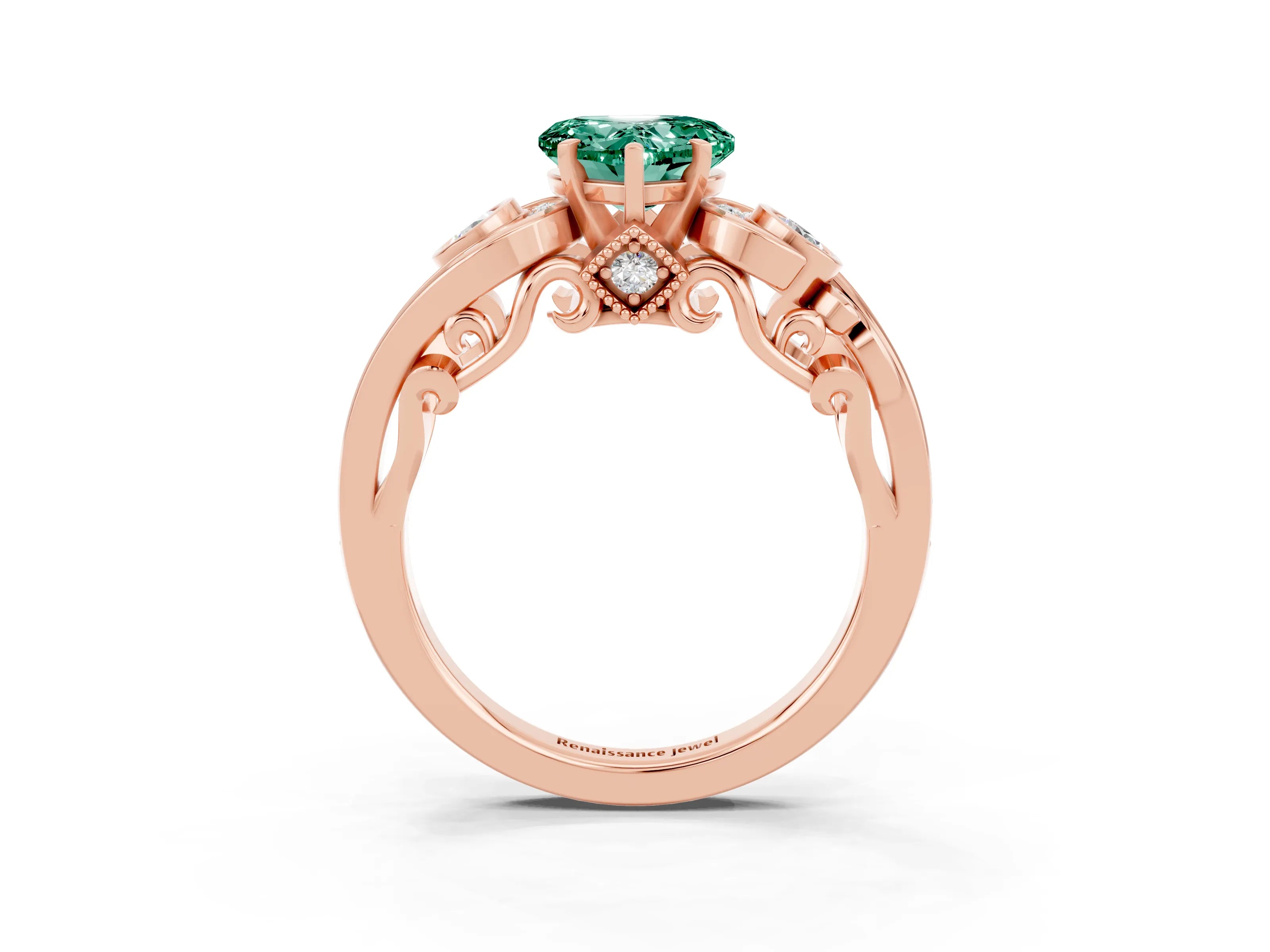 Rose gold Heart Cut Green Sapphire Solitaire Ring with Milgrain Pavé Band and Four-Prong Setting_27