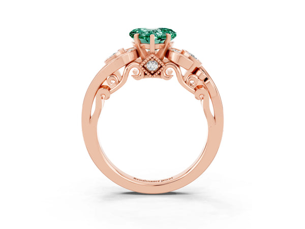 Rose gold Heart Cut Green Sapphire Solitaire Ring with Milgrain Pavé Band and Four-Prong Setting
