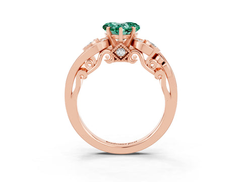 Rose gold Heart Cut Green Sapphire Solitaire Ring with Milgrain Pavé Band and Four-Prong Setting_27