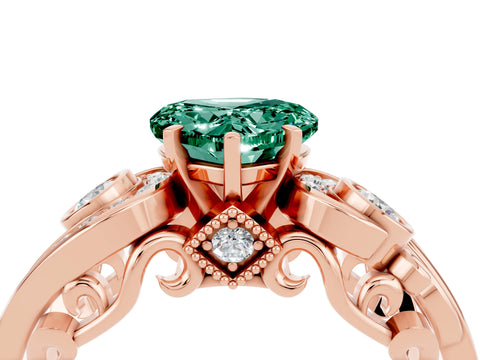 Rose gold Heart Cut Green Sapphire Solitaire Ring with Milgrain Pavé Band and Four-Prong Setting_28