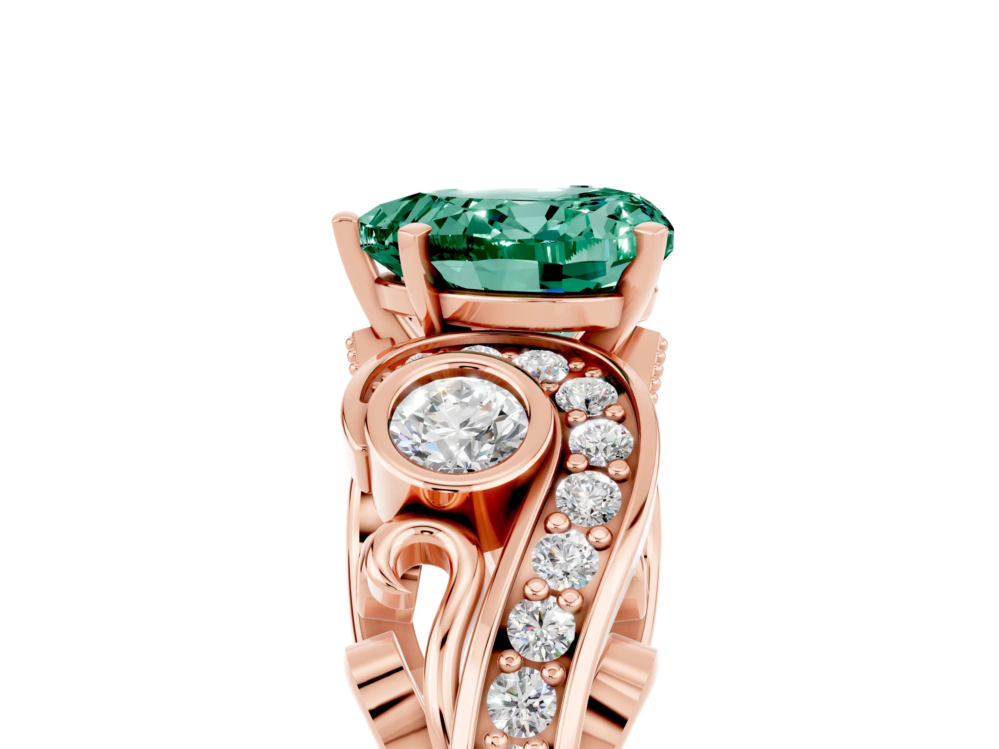 Rose gold Heart Cut Green Sapphire Solitaire Ring with Milgrain Pavé Band and Four-Prong Setting_29
