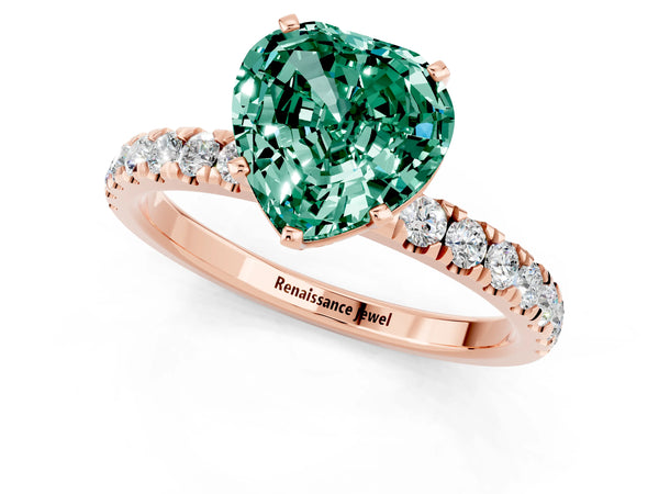 Rose gold Heart Cut Green Sapphire Solitaire Ring with Pavé Accents and Four-Prong Setting