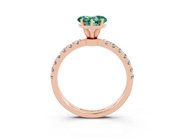 Rose gold Heart Cut Green Sapphire Solitaire Ring with Pavé Accents and Four-Prong Setting