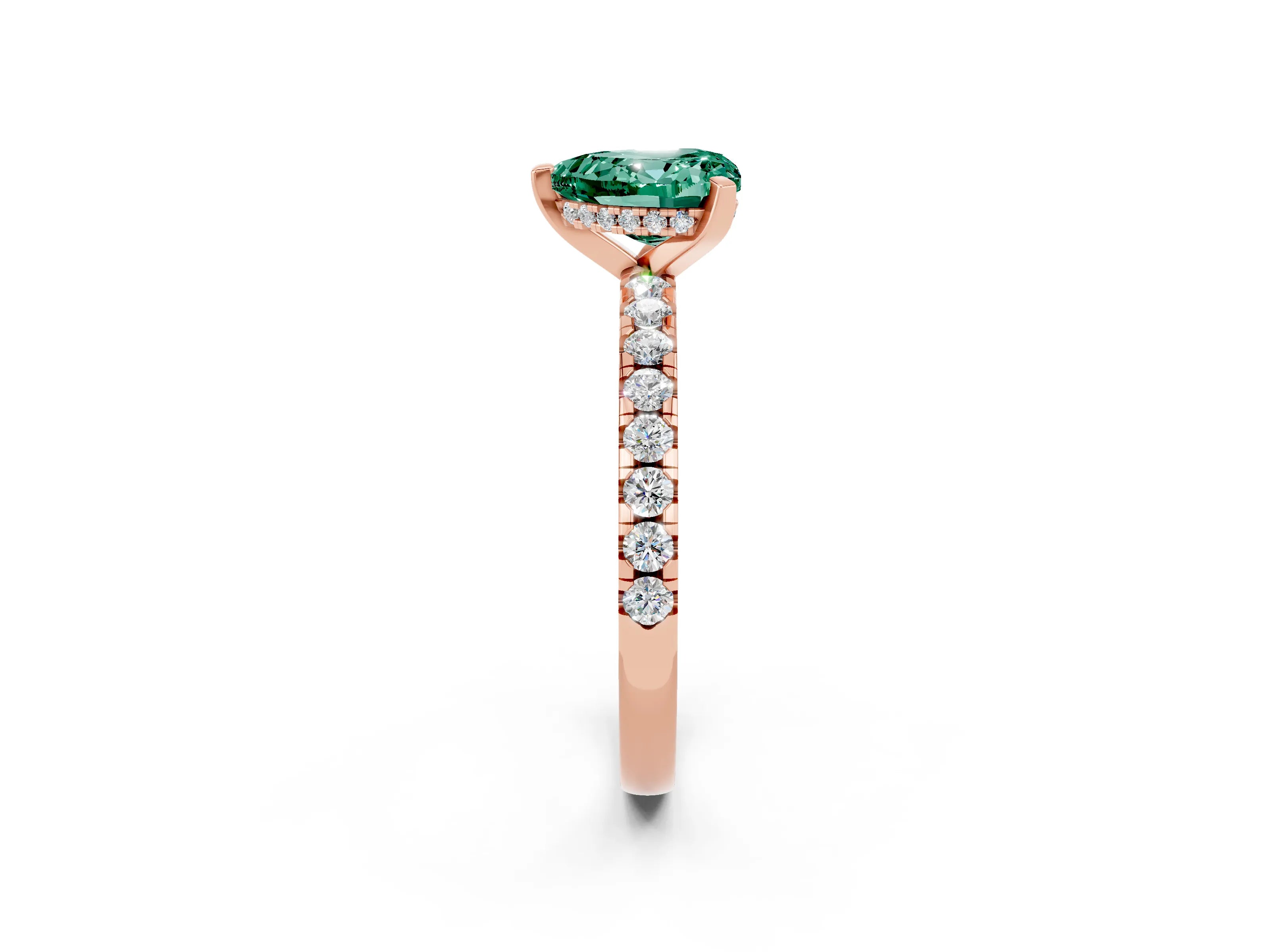 Rose gold Heart Cut Green Sapphire Solitaire Ring with Pavé Band and Four-Prong Setting_26