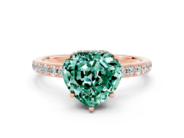 Rose gold Heart Cut Green Sapphire Solitaire Ring with Pavé Band and Hidden Halo